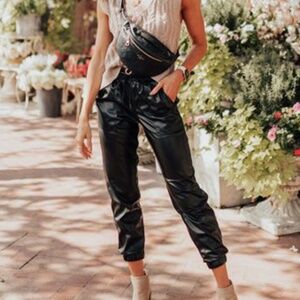 B177 Black Faux Leather Ankle Smocked Waist Drawstring Joggers